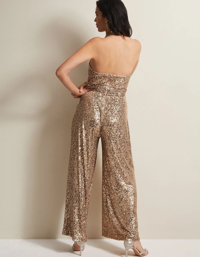 Clarabella Gold Sequin Halterneck Jumpsuit