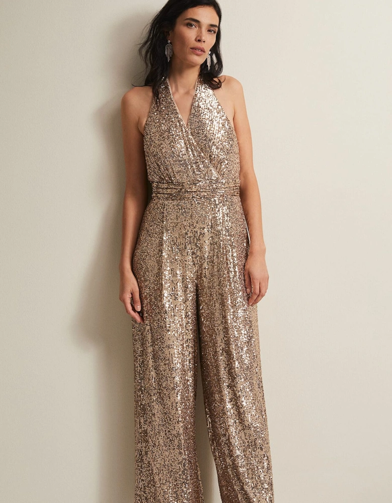 Clarabella Gold Sequin Halterneck Jumpsuit