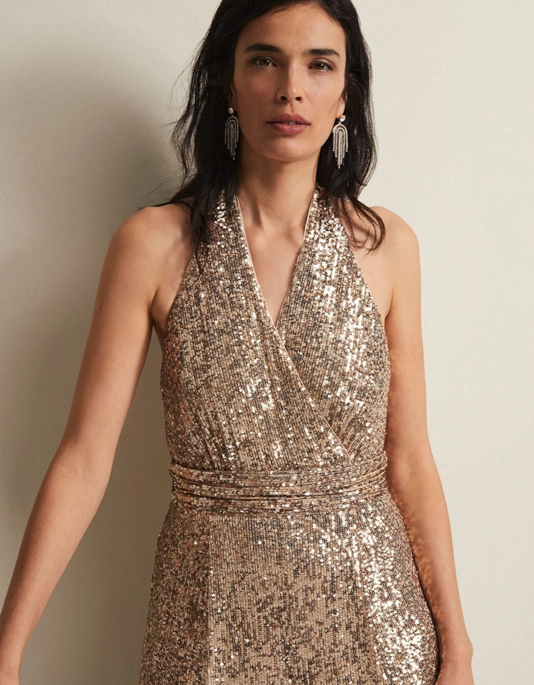 Clarabella Gold Sequin Halterneck Jumpsuit