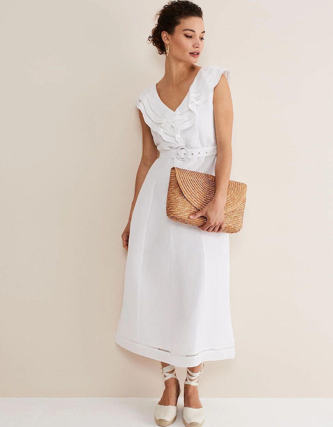 Julieta White Linen Ruffle Broderie Midi Dress, 7 of 6