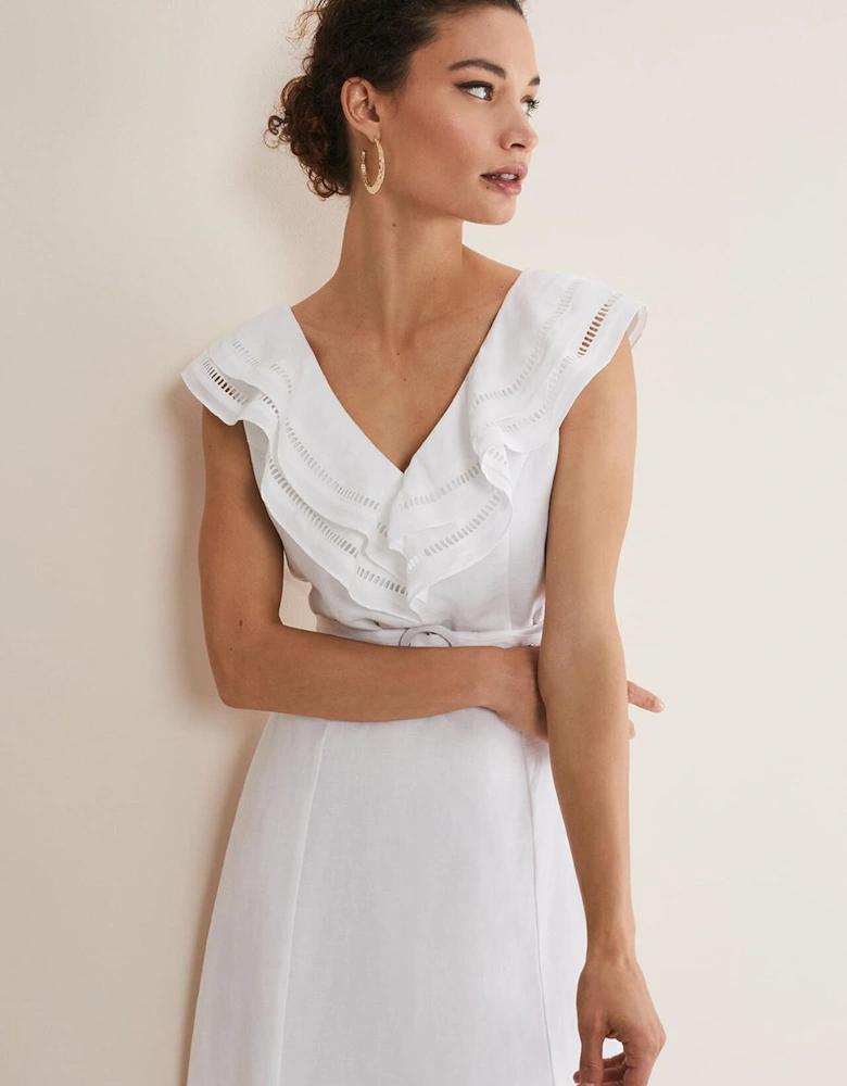 Julieta White Linen Ruffle Broderie Midi Dress