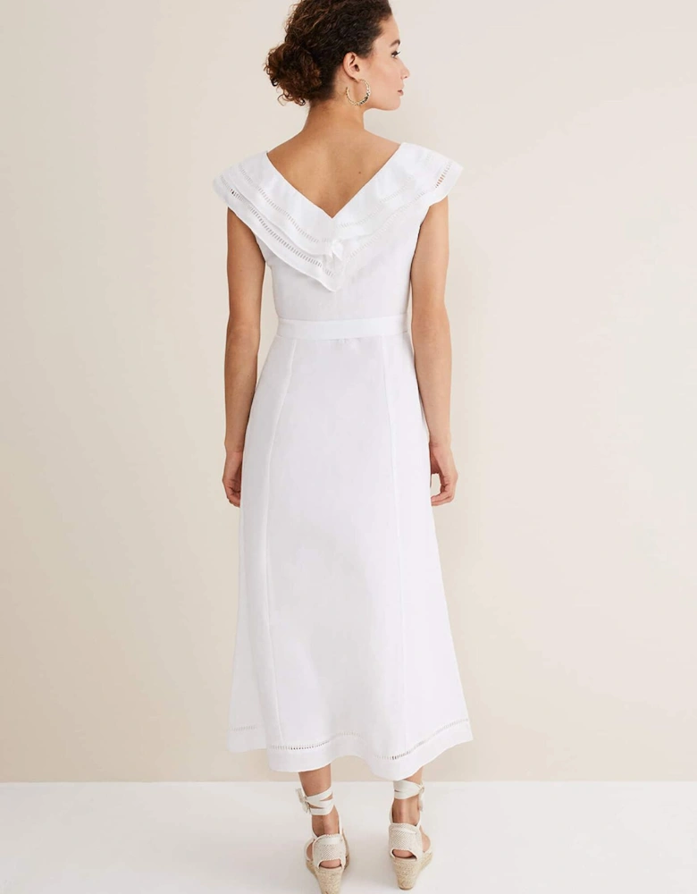 Julieta White Linen Ruffle Broderie Midi Dress