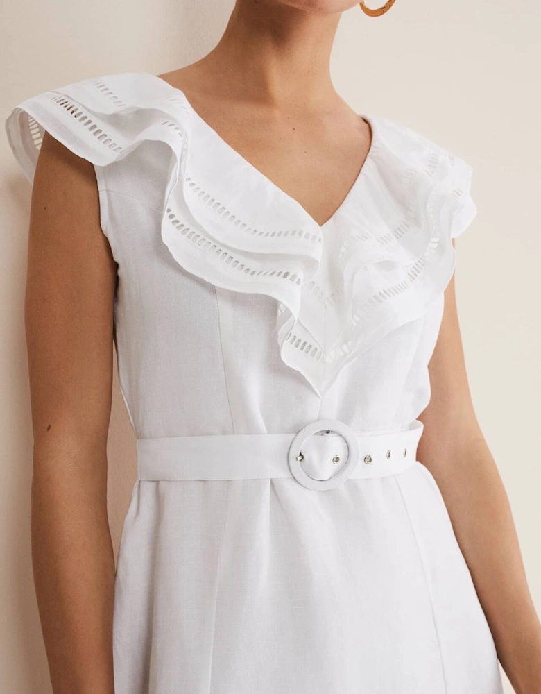 Julieta White Linen Ruffle Broderie Midi Dress