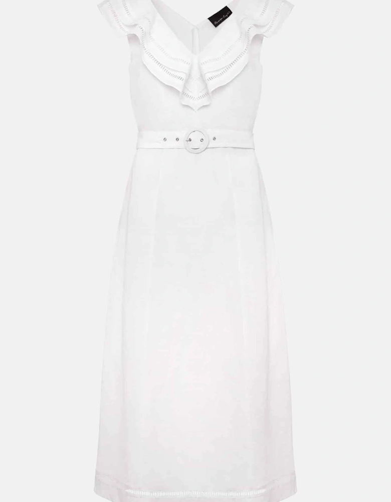 Julieta White Linen Ruffle Broderie Midi Dress