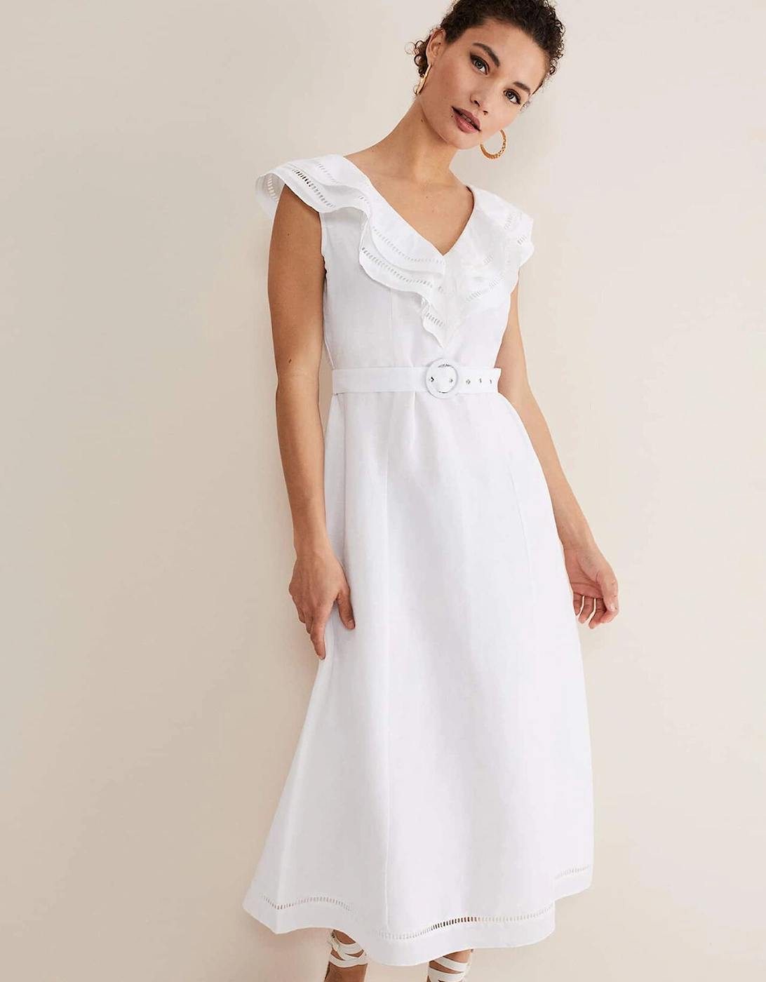 Julieta White Linen Ruffle Broderie Midi Dress