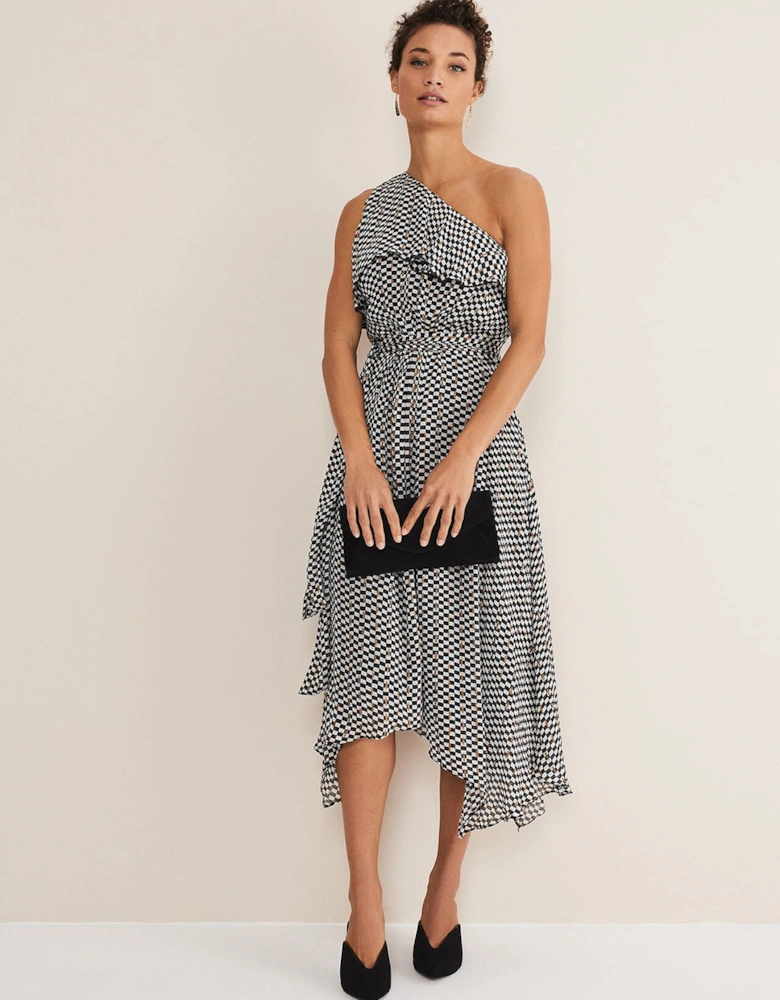 Kaz Checked One Shoulder Midi Dress