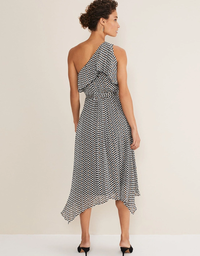 Kaz Checked One Shoulder Midi Dress