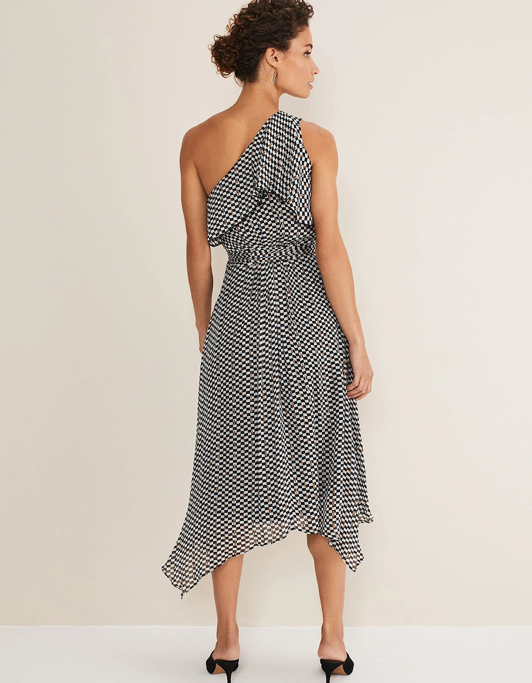 Kaz Checked One Shoulder Midi Dress