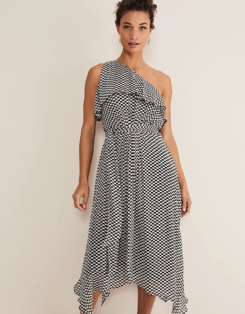 Kaz Checked One Shoulder Midi Dress