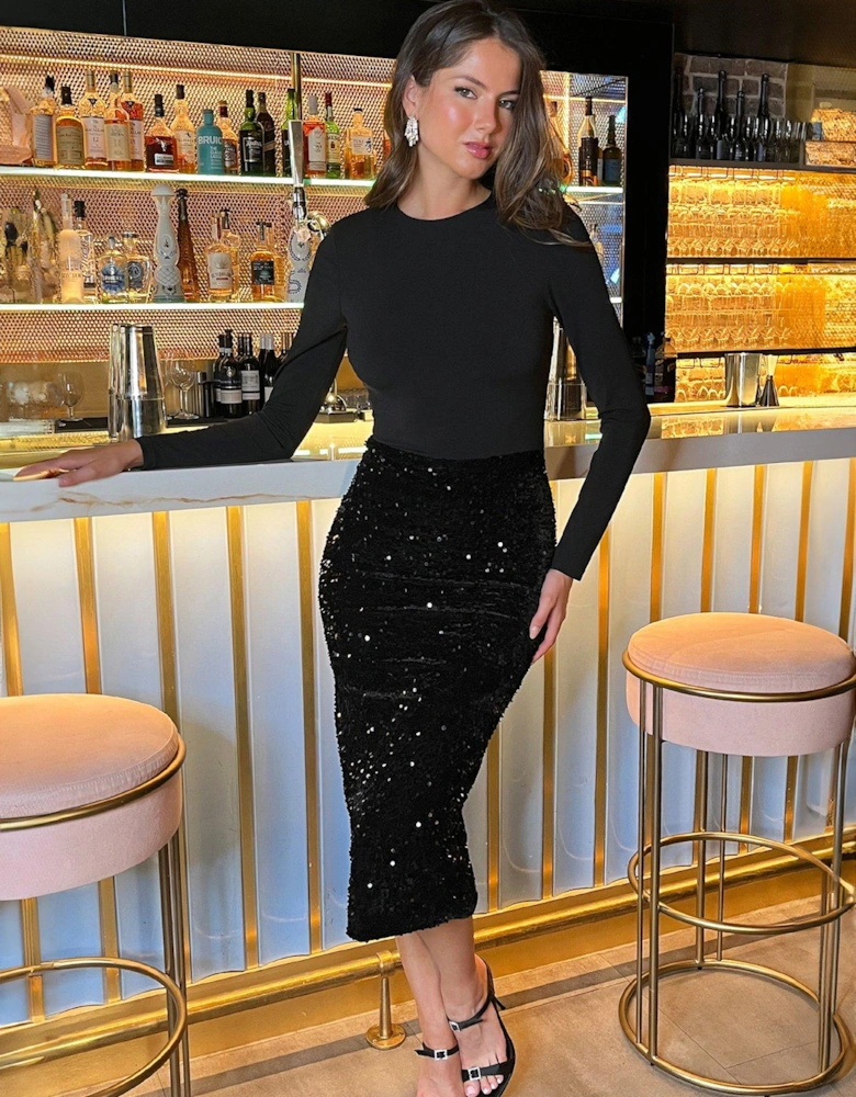 Velvet Sequin 2 In 1 Long Sleeve Midi Dress - Black