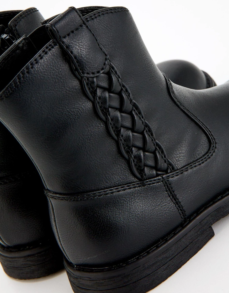 Girls Plait Trim Ankle Boot - Black