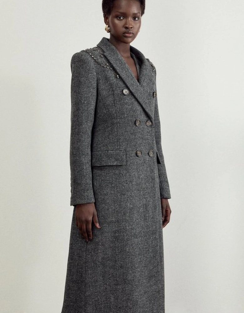 Embellished Herringbone Double Breasted Tailored Midi Coat