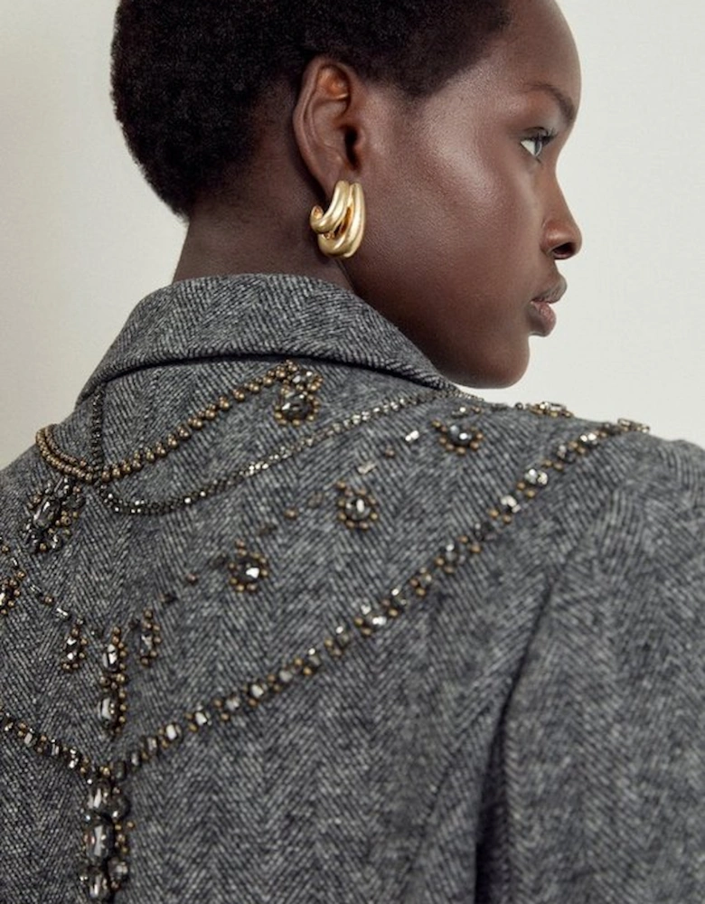 Embellished Herringbone Double Breasted Tailored Midi Coat