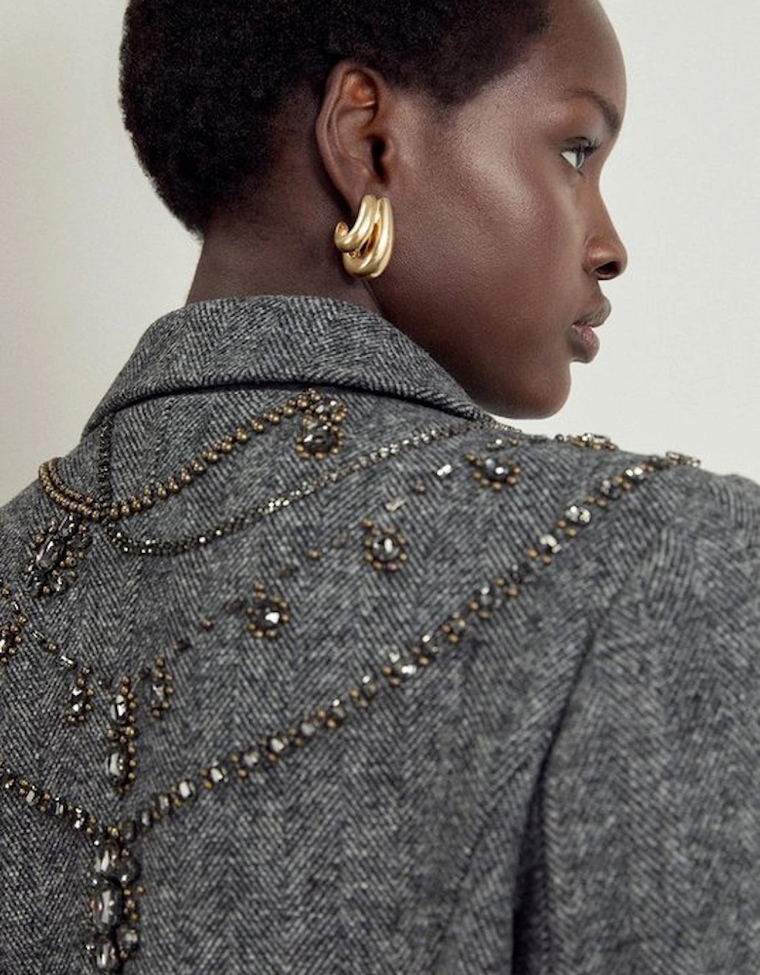 Embellished Herringbone Double Breasted Tailored Midi Coat