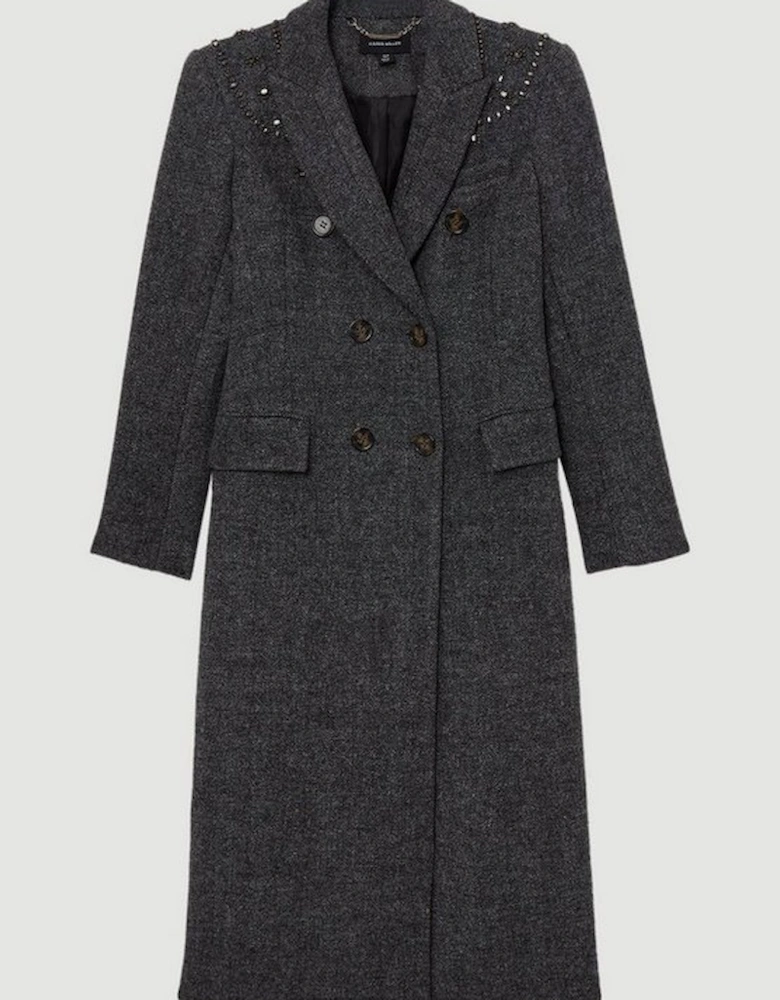 Embellished Herringbone Double Breasted Tailored Midi Coat