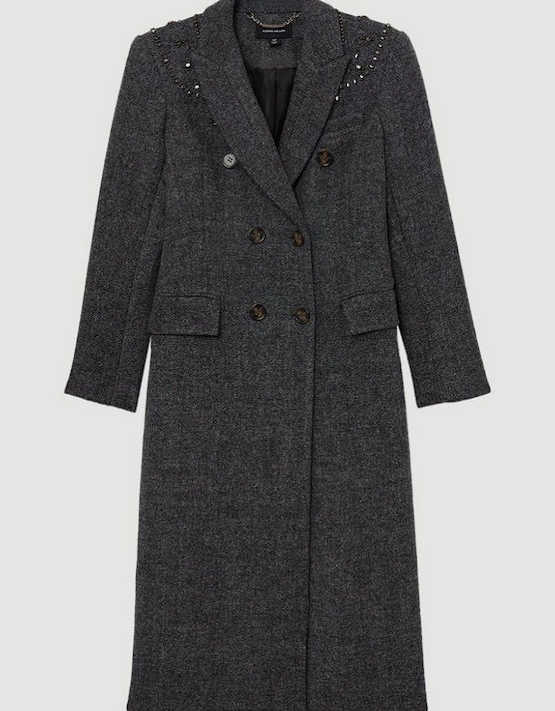 Embellished Herringbone Double Breasted Tailored Midi Coat