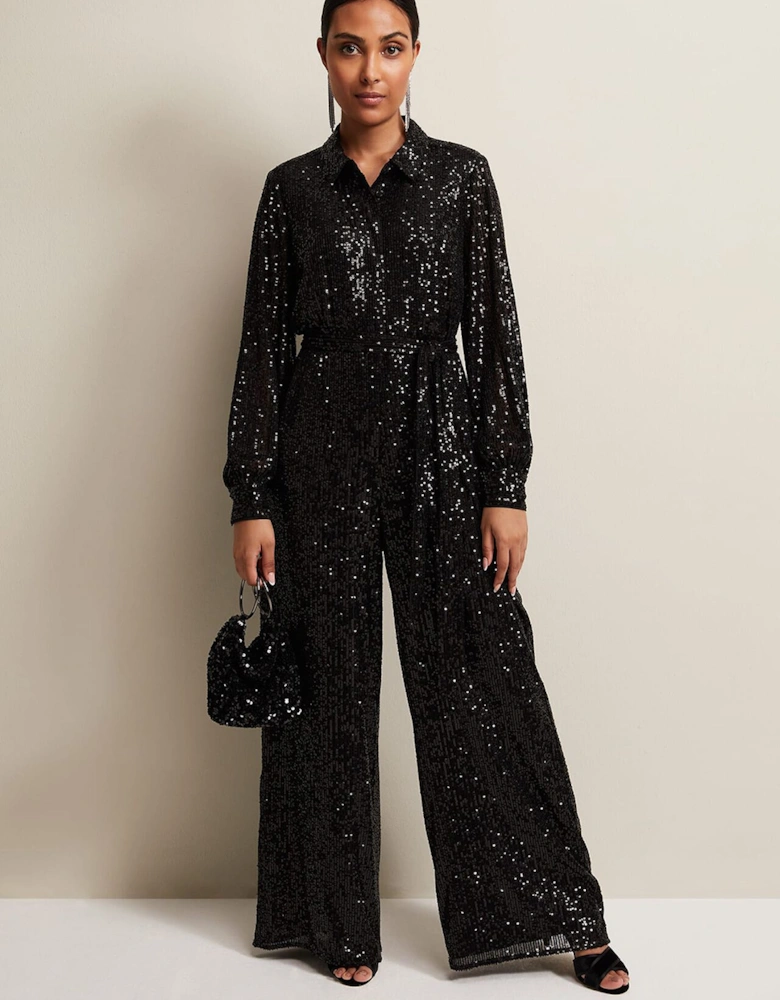 Petite Alessandra Black Sequin Jumpsuit