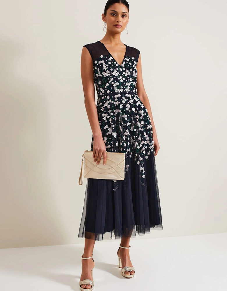 Ellen Blossom Beaded Midi Dress