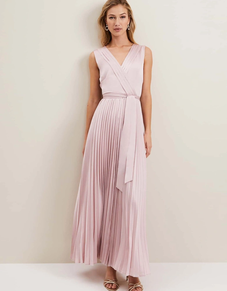 Bonnie Pleat Wrap Satin Maxi Dress