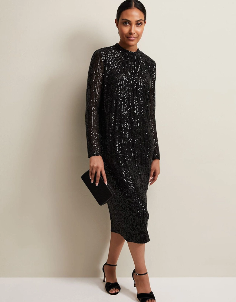 Petite Cindy Black Sequin Midi Dress