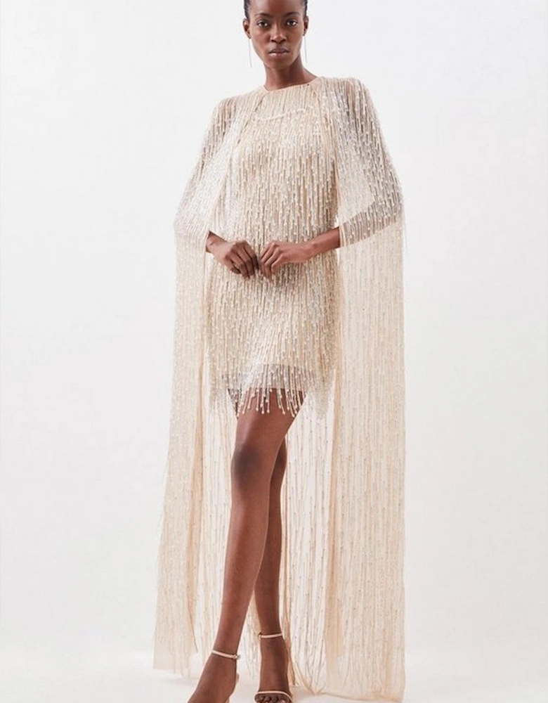 Embellished Fringe Caped Woven Mini Dress