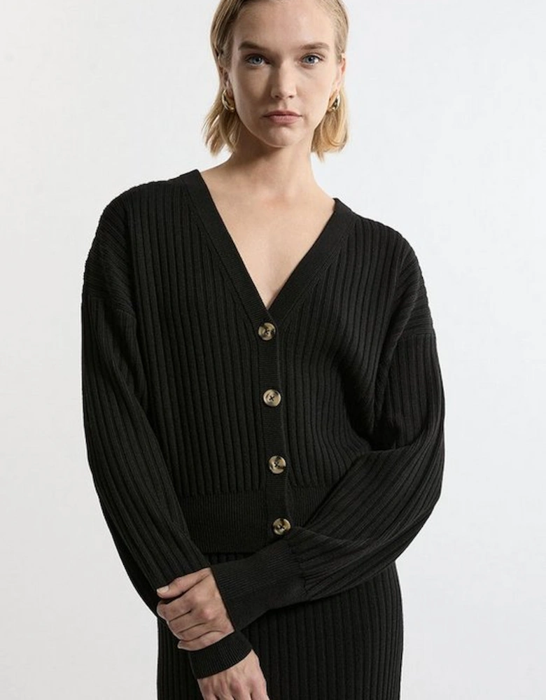 Wool Blend V Neck Ribbed Knit Cardi