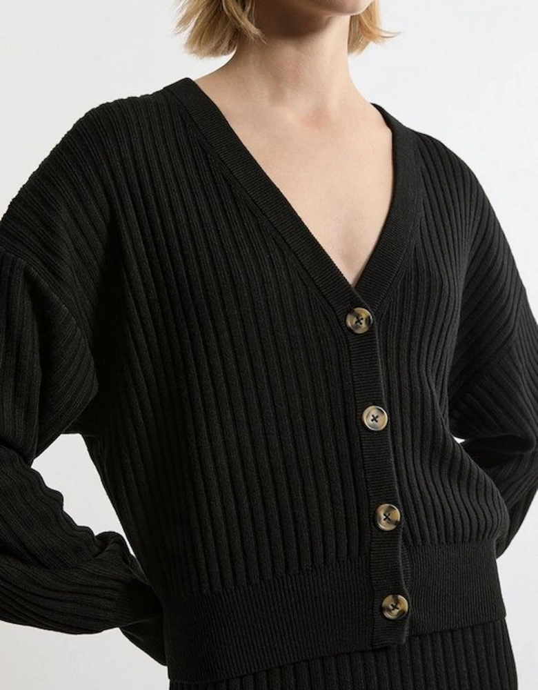 Wool Blend V Neck Ribbed Knit Cardi