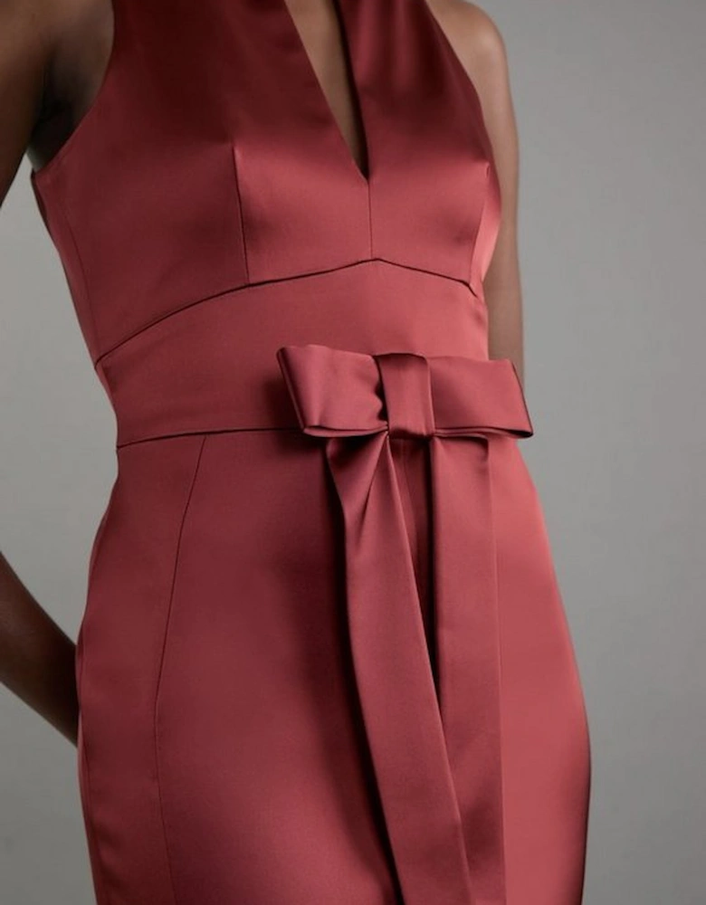 Italian Structured Satin Bow Detail Tailored Midi Dress