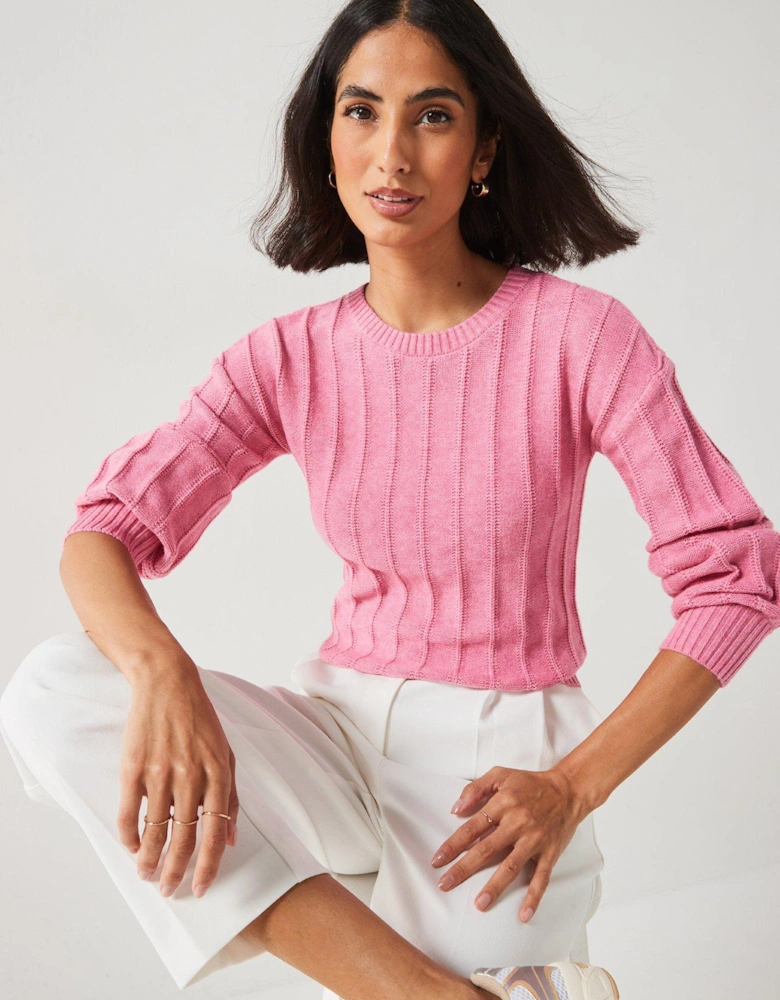 Crew Neck Ribbed Jumper - Pink