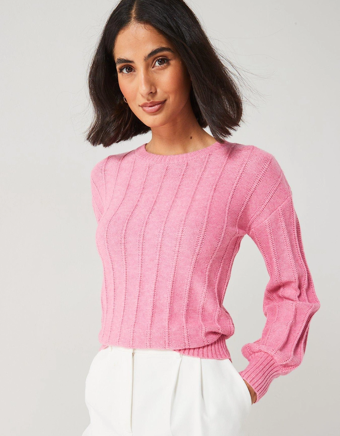 Crew Neck Ribbed Jumper - Pink