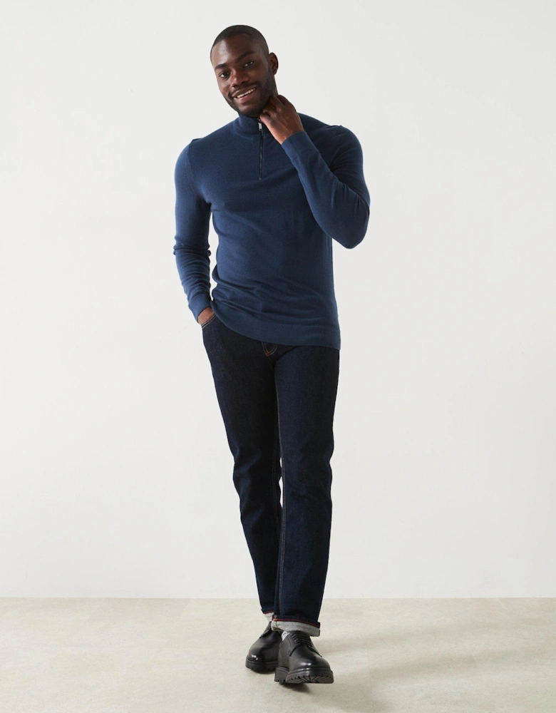 Merino Quarter Zip Knitted Polo Shirt - Dark Blue