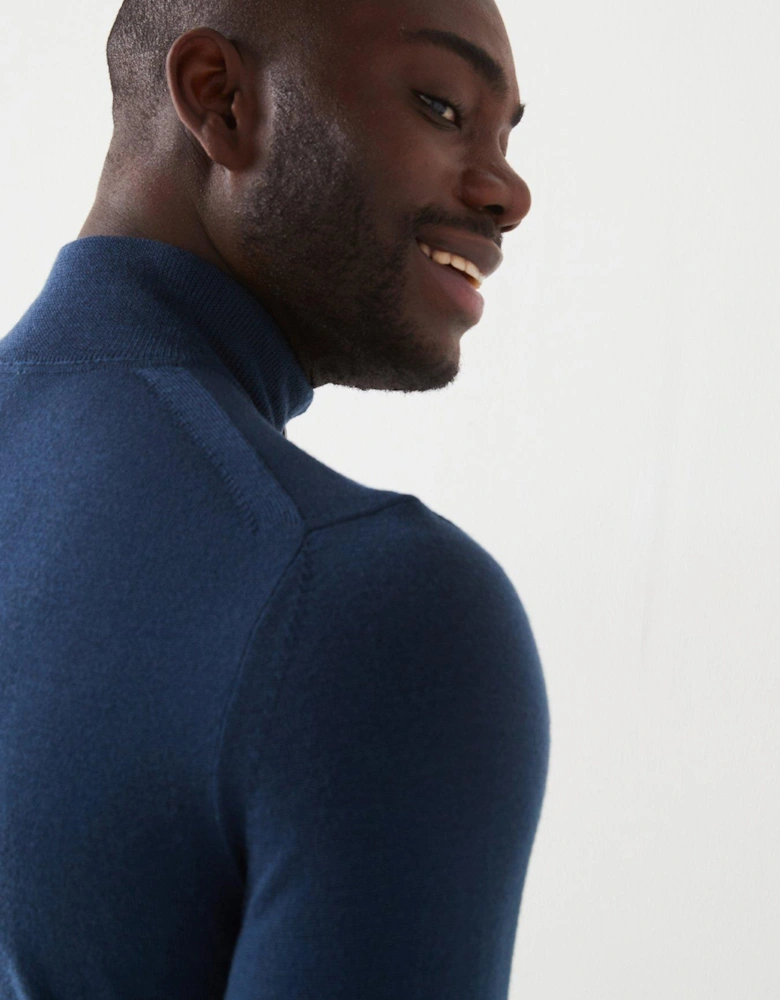 Merino Quarter Zip Knitted Polo Shirt - Dark Blue