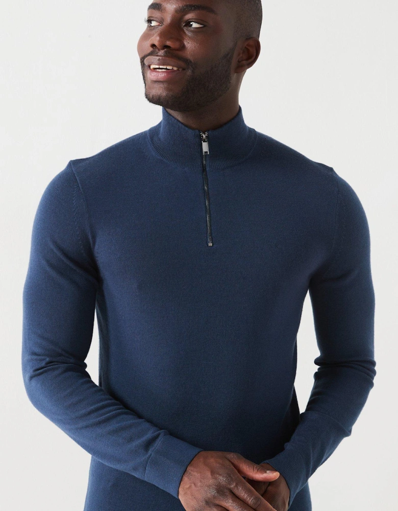 Merino Quarter Zip Knitted Polo Shirt - Dark Blue