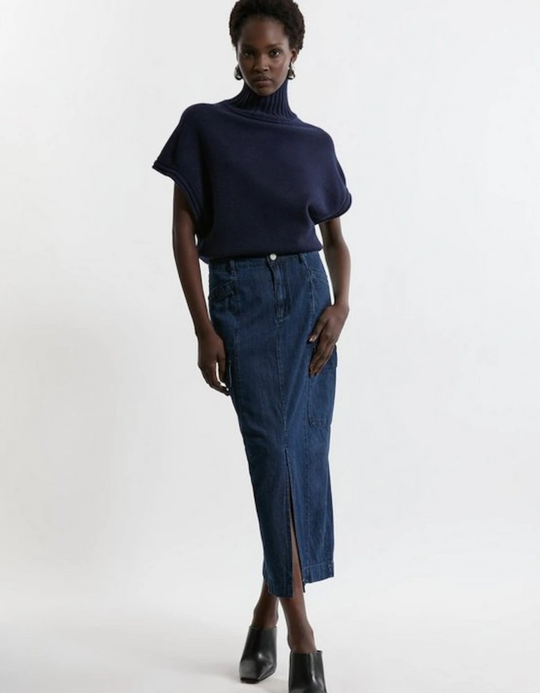 Petite Denim Woven Cargo Pocket Tailored Midi Skirt