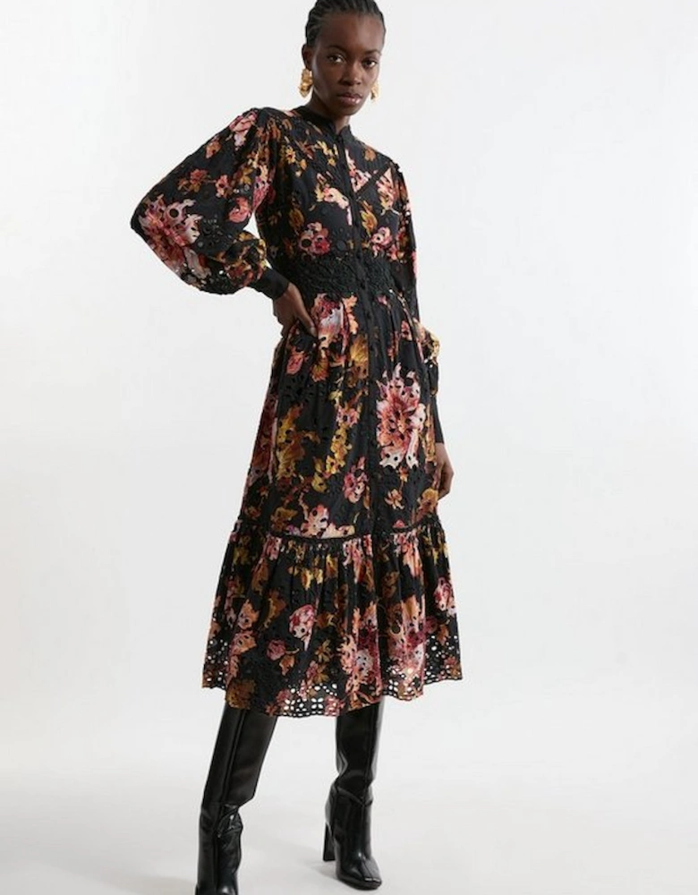 Printed Broderie Woven Midi Dress With Guipure Trim