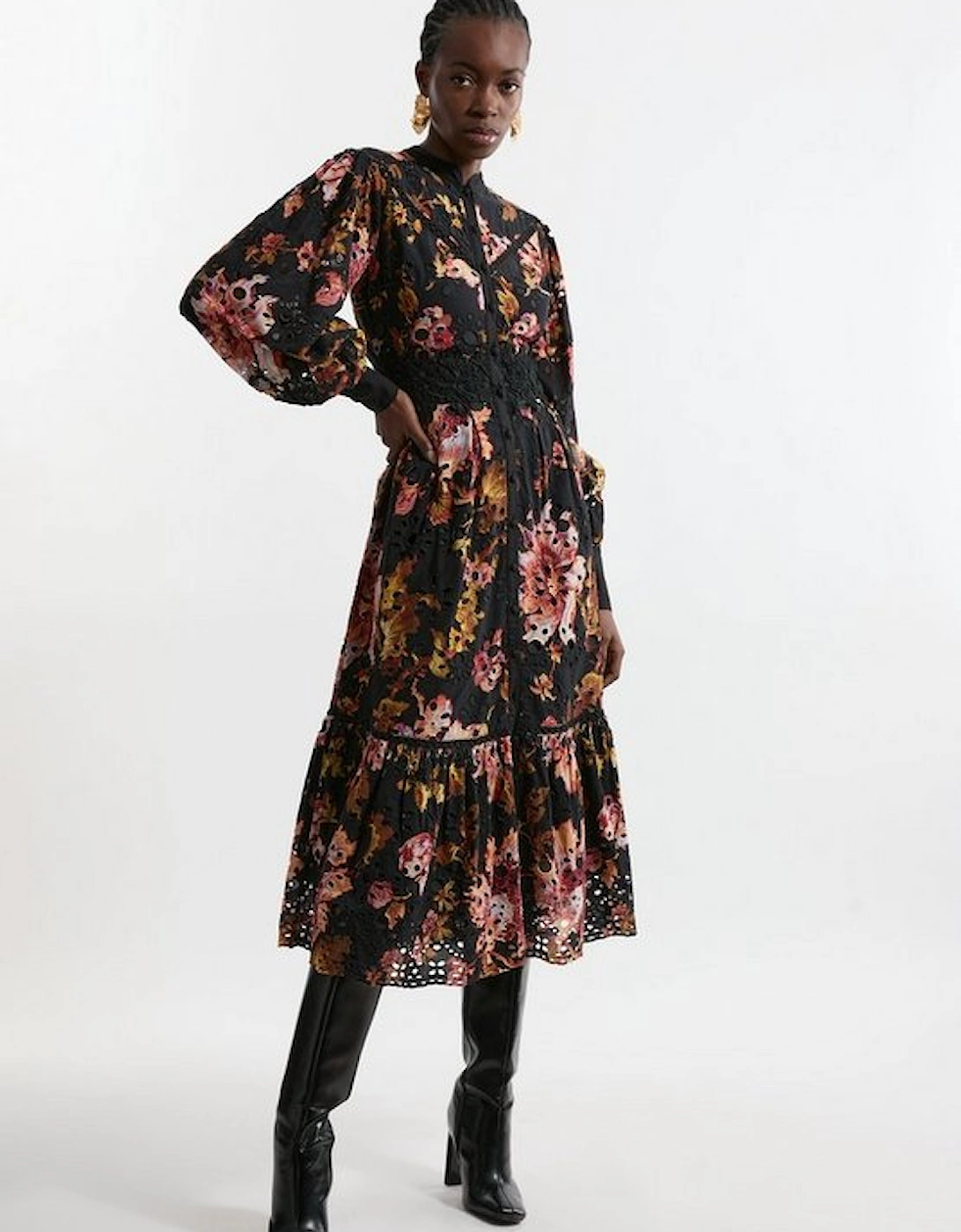 Printed Broderie Woven Midi Dress With Guipure Trim, 5 of 4