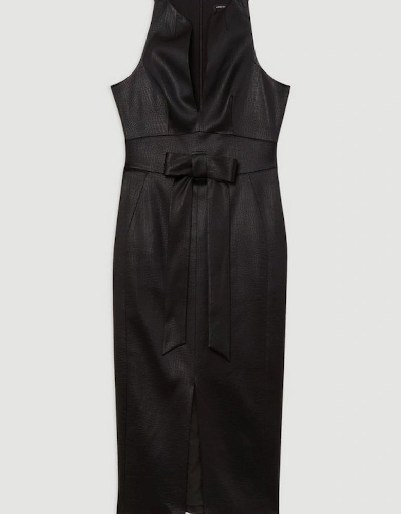 Italian Structured Satin Bow Detail Tailored Midi Dress