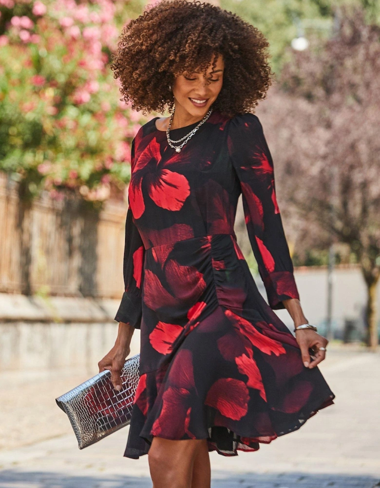 Bold Shoulder Asymmetrical  Hem Mini Dress /Red - Black