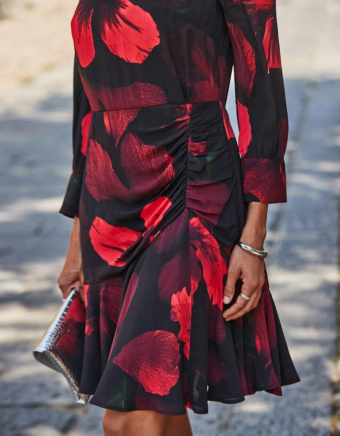 Bold Shoulder Asymmetrical  Hem Mini Dress /Red - Black