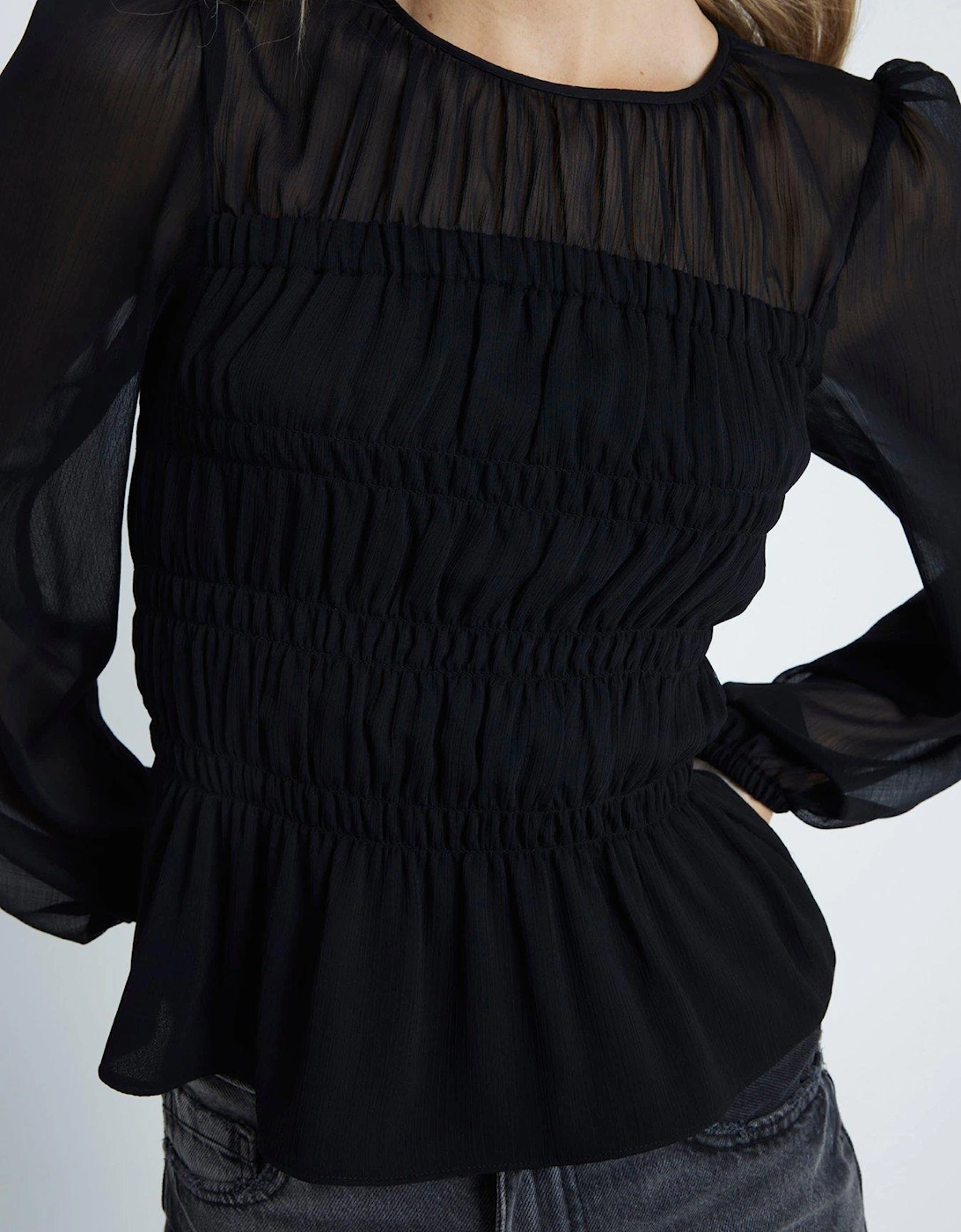 Shirred Chiffon Blouse - Black