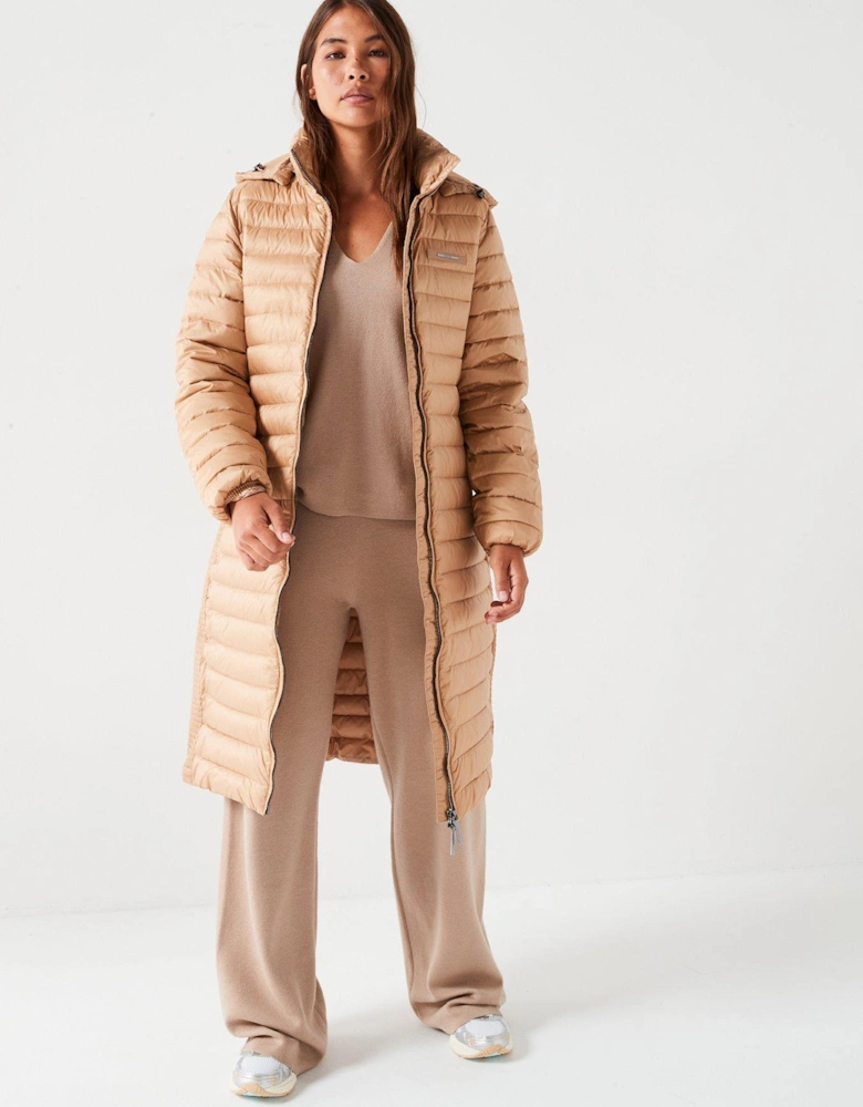 Lightweight Padded Belted Longline Coat - Beige