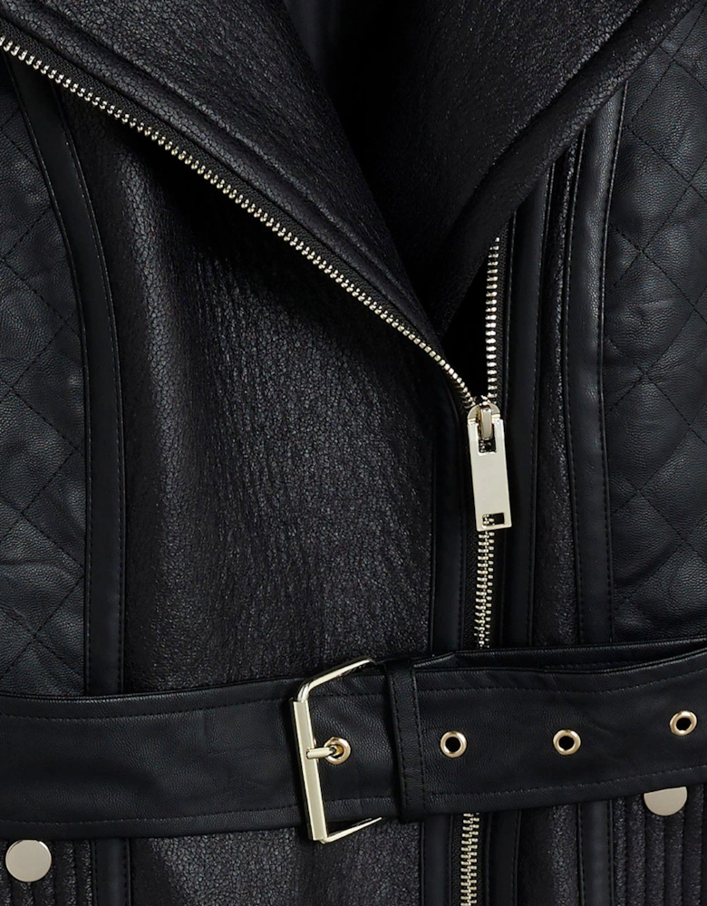 Faux Leather Quilted Buckle Biker Jacket - Black