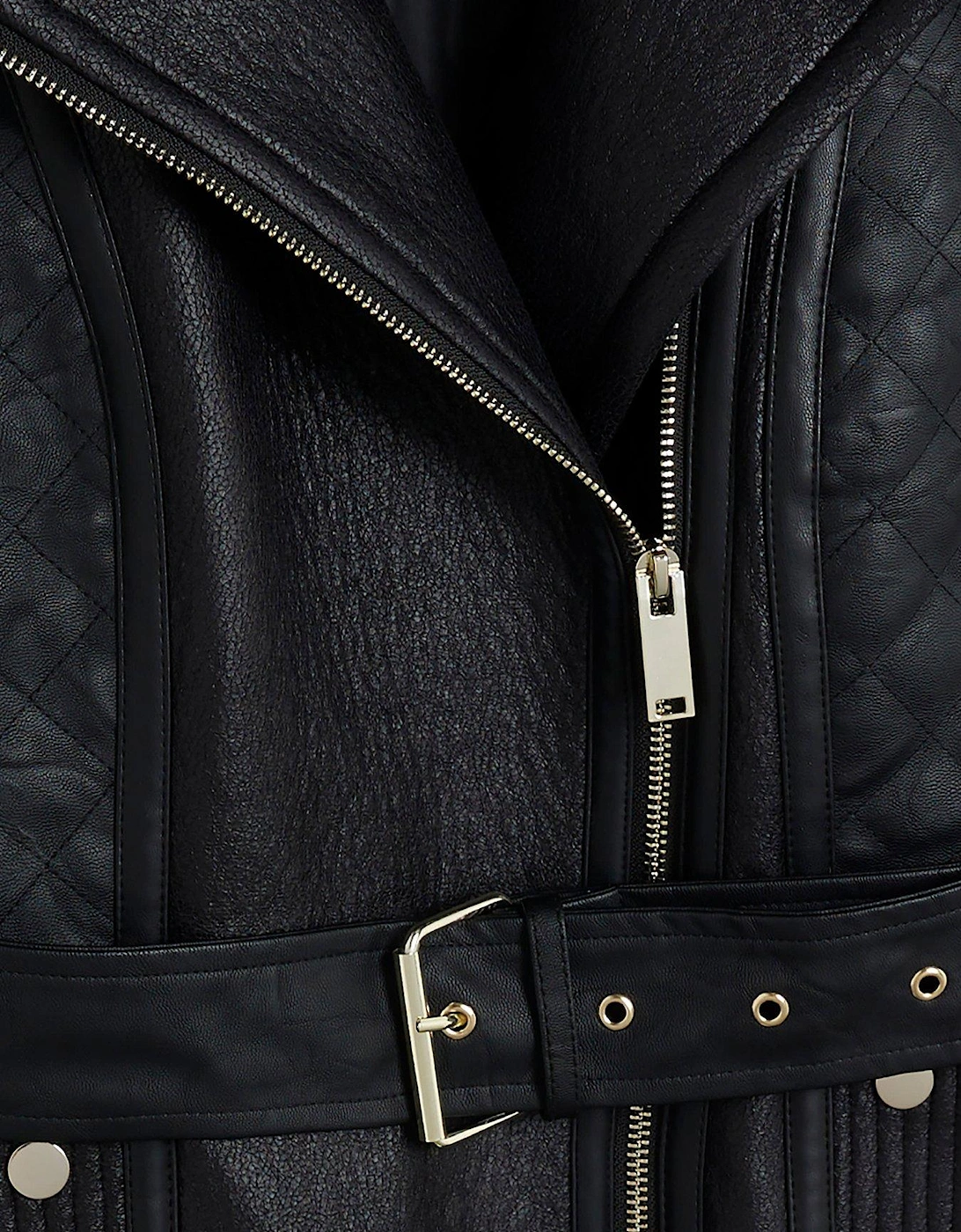 Faux Leather Quilted Buckle Biker Jacket - Black