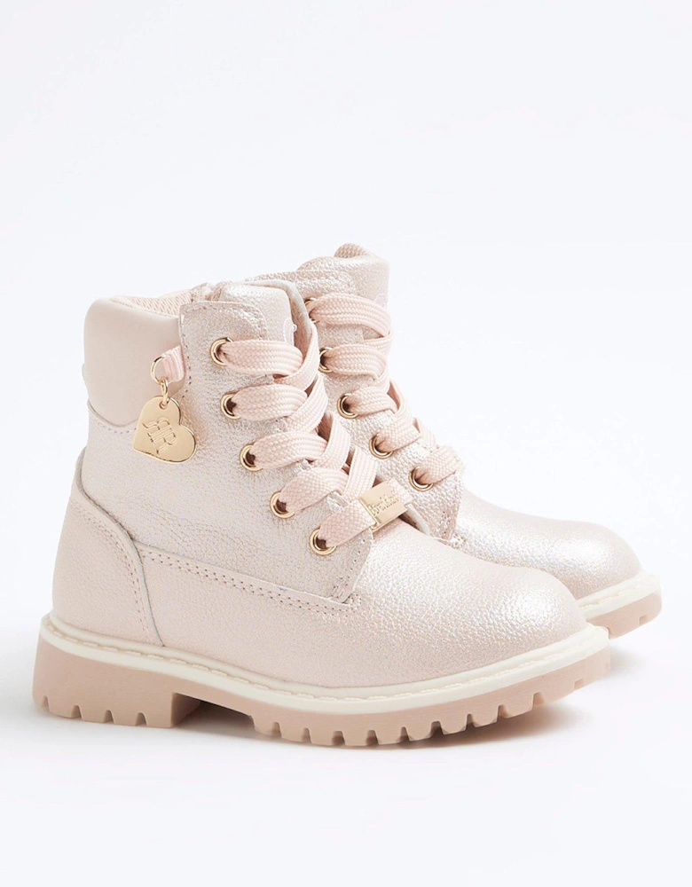 Mini Girl Iridescent Lace Up Boots - Pink