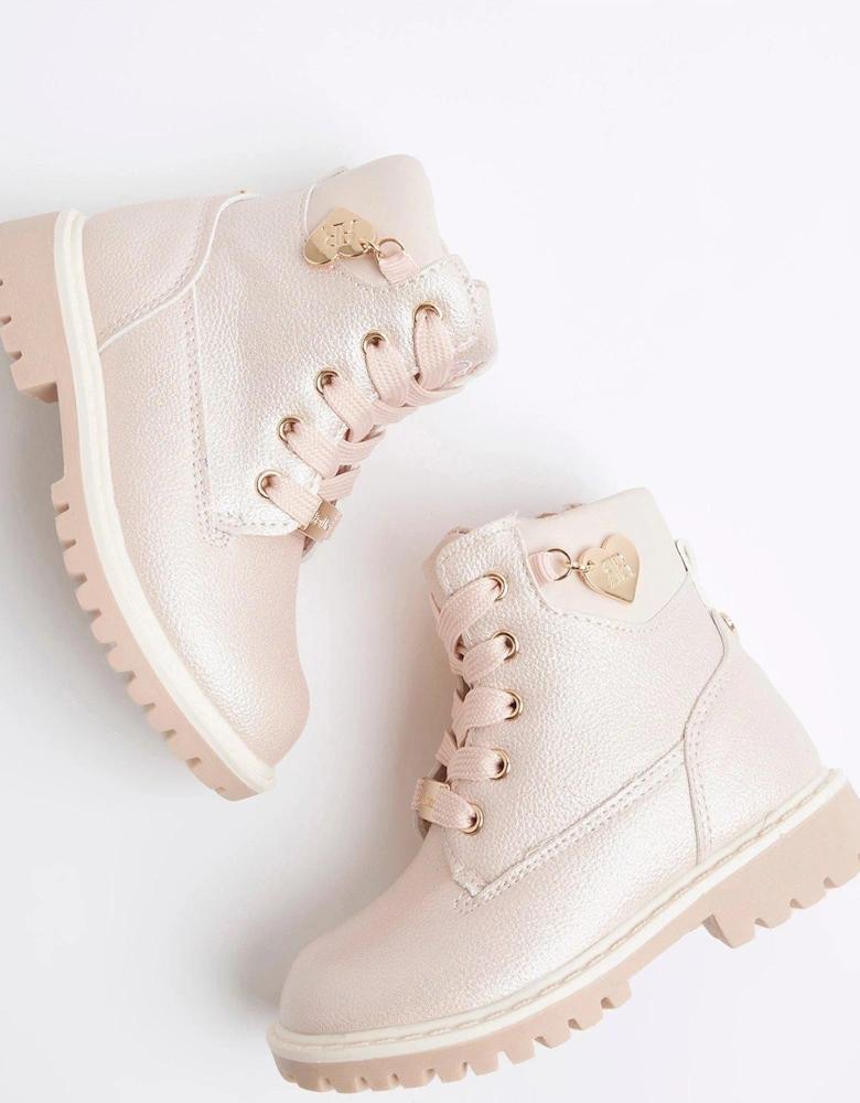 Mini Girl Iridescent Lace Up Boots - Pink