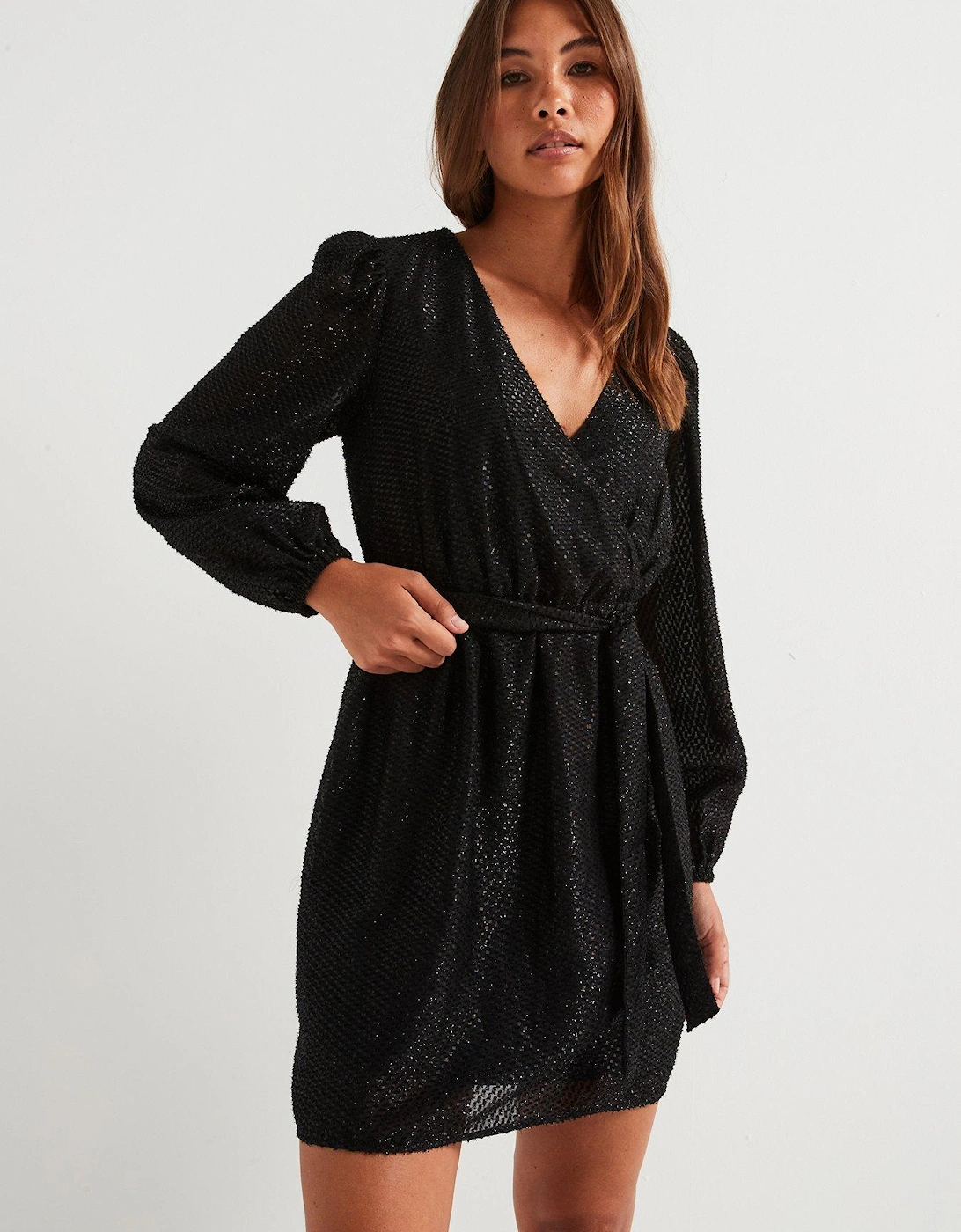 Long Sleeve Wrap Mini Dress - Black