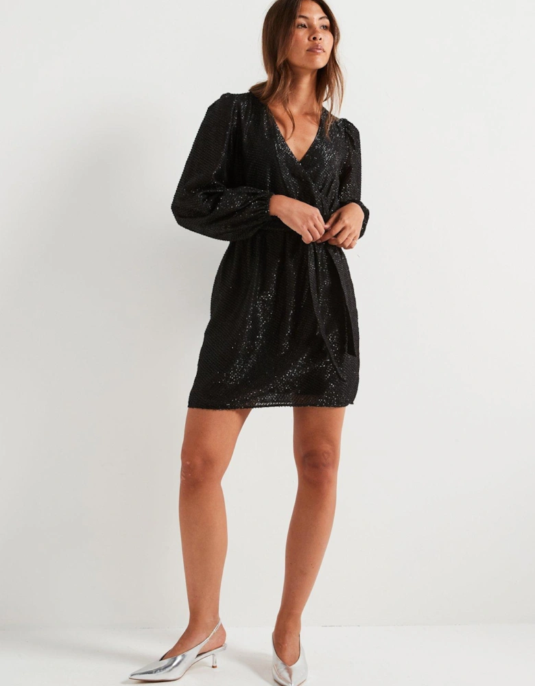 Long Sleeve Wrap Mini Dress - Black