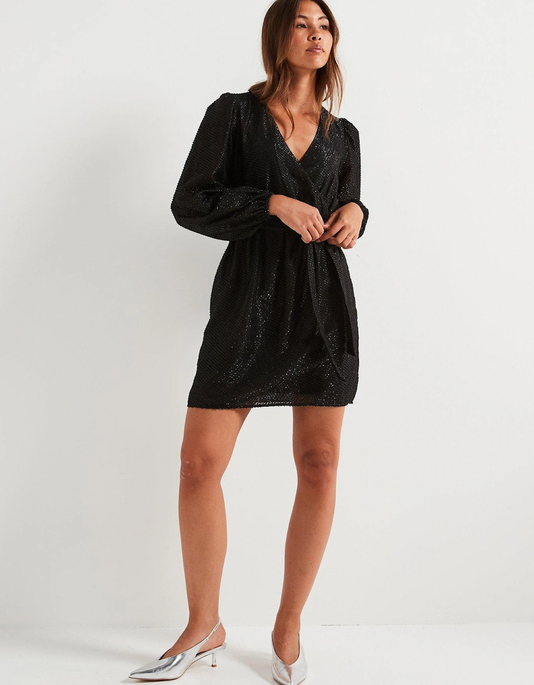 Long Sleeve Wrap Mini Dress - Black