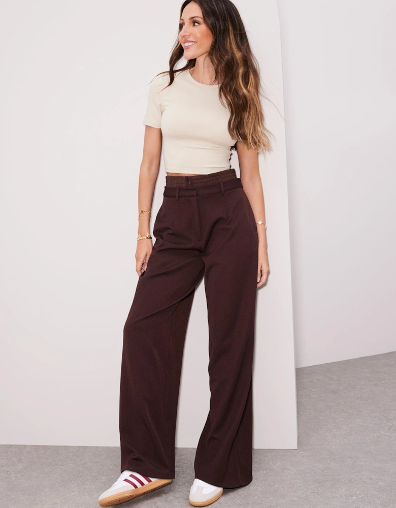 Waistband Detail Wide Leg Trousers - Brown