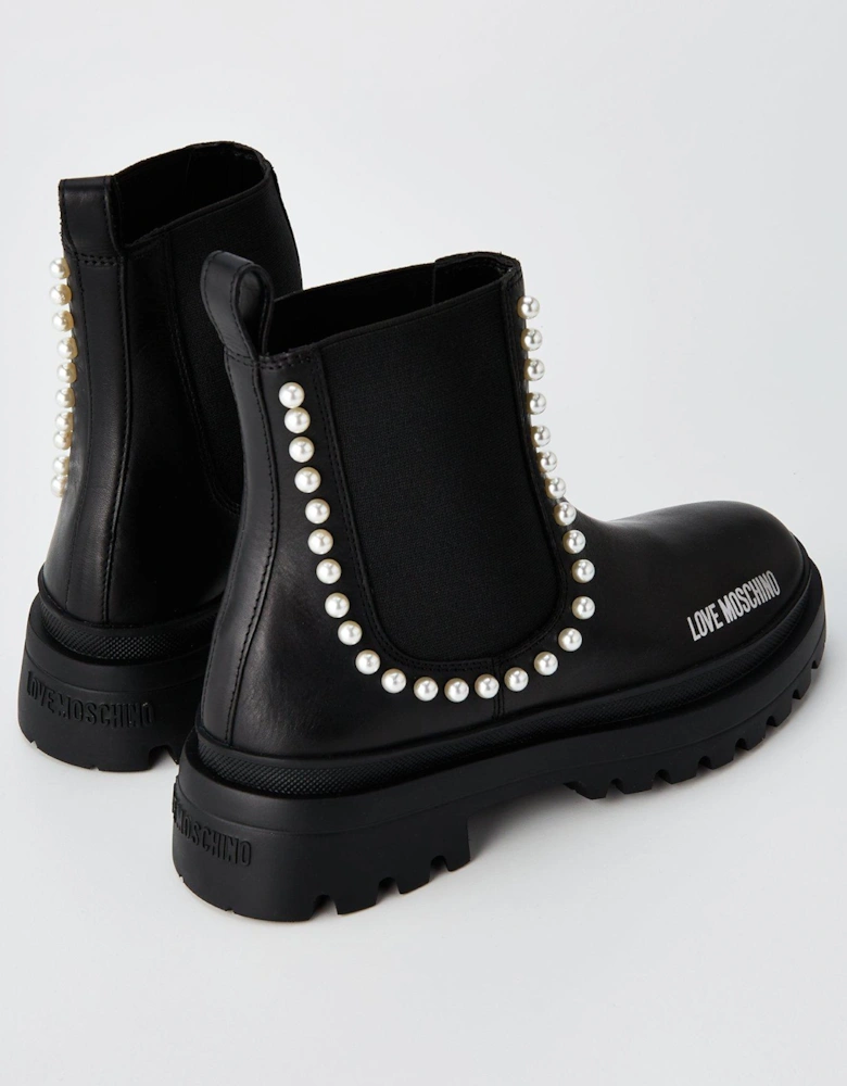 Chunky Pearl Ankle Boots - Black